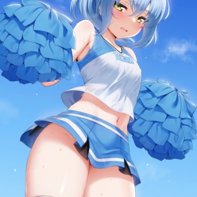 tensei shitara slime datta ken, rimuru tempest, m-da s-tarou, 1girls, bangs, belly, blue hair, blue skirt, blue sky, blush, breasts, cheerleader, cheerleader uniform, clavicle, clothing