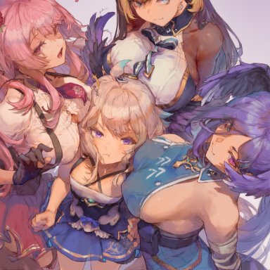 nijisanji, nijisanji en, enna alouette, petra gurin, rosemi lovelock, selen tatsuki, cutesexyrobutts, 4girls, angry, blonde hair, blue eyes, breast envy, breast size difference, breasts, brown hair