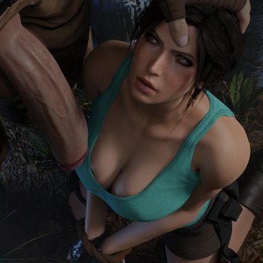 tomb raider, tomb raider reboot, lara croft, red lj, 1boy, 1girls, big penis, black hair, cleavage, faceless male, female, large breasts, large penis, male, penis