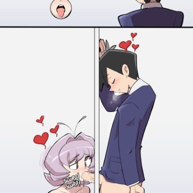 komi-san wa komyushou desu, komi shouko, osana najimi, tadano hitohito, blackcat18up, 2boys, black hair, blowjob, blush, bottomless, fellatio, femboy, glory hole, hearts, male