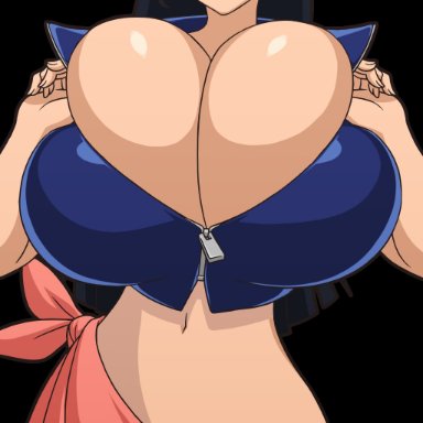 one piece, nico robin, manyakis, big breasts, black hair, breasts bigger than head, cleavage, clothed, huge breasts, long hair, looking at viewer, no bra, no panties, overflowing breasts, sarong