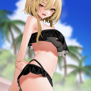 genshin impact, lumine (genshin impact), bebe pp, 1girls, arms behind back, beach, bebe fate, belly, belly button, big breasts, black swimsuit, black swimwear, blonde female, blonde hair, blush