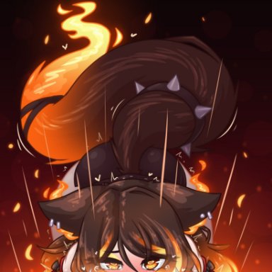 sinder (vtuber), limebreaker, 1boy, 1girls, blush, brown hair, deepthroat, ear piercing, eye contact, eyebrows visible through hair, fellatio, fire, furry, heart, heart-shaped pupils