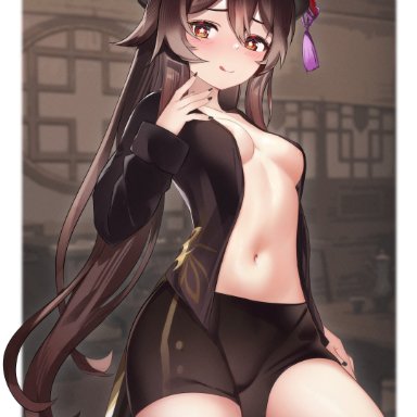 genshin impact, hu tao (genshin impact), :q, areola slip, black nails, blurry, blurry background, blush, border, breasts, breasts apart, brown coat, brown hair, brown shorts, coat