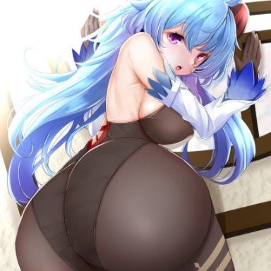 genshin impact, ganyu (genshin impact), koza900, against wall, ahoge, ass, back, backless outfit, bangs, bare shoulders, black gloves, black leotard, black pantyhose, blue hair, blush