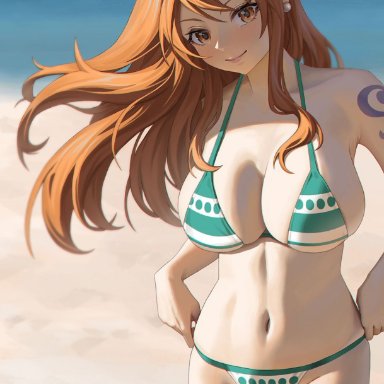 one piece, nami, leaf98k, 1girls, beach, big breasts, bikini, cleavage, day, female only, long hair, looking at viewer, ocean, orange eyes, orange hair