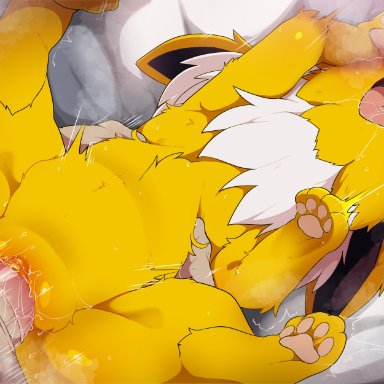 nintendo, pokemon, eeveelution, generation 1 pokemon, jolteon, pokemon (species), dagasi, blush, bodily fluids, condom, female, feral, genital fluids, genitals, human