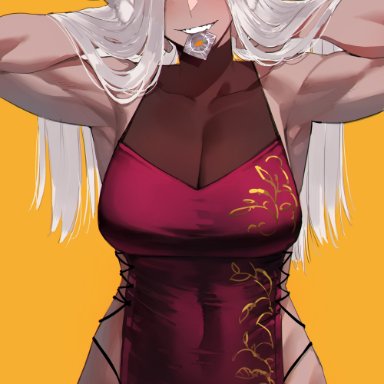 my hero academia, miruko, rumi usagiyama, ratatatat74, 1girls, bunny ears, chinese clothes, condom, condom wrapper, large breasts, looking at viewer, muscular, muscular female, white hair
