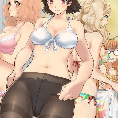 persona, persona 5, ann takamaki, haru okumura, makoto niijima, sakura futaba, kurosususu, ass, bikini, bikini bottom, bikini top, blonde hair, blue eyes, bow panties, bra