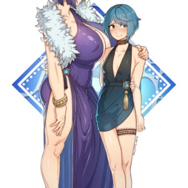 genshin impact, xingqiu (genshin impact), yelan (genshin impact), sulcate, 1boy, 1futa, aqua hair, arm around shoulders, big breasts, big penis, black hair, blue hair, blush, breasts, bulge