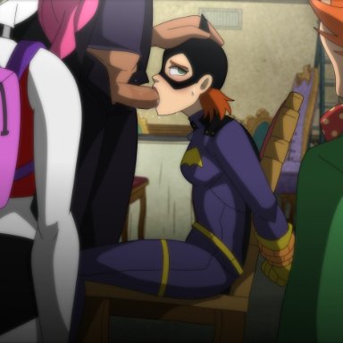 dc, dc comics, harley quinn (series), barbara gordon, batgirl, harley quinn, mad hatter (dc), xeroshadows, being watched, blowjob, fellatio, green eyes, mask, multicolored hair, orange hair