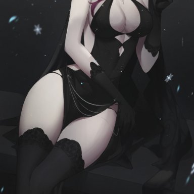 genshin impact, rosaria (genshin impact), feintheart721, 1girls, black dress, breasts, cigarette, cleavage, dress, female, female only, hips, holding object, large breasts, looking at viewer