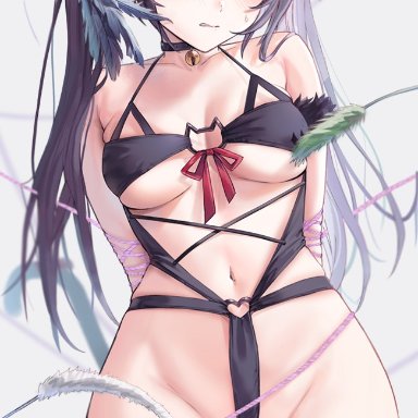 genshin impact, mona (genshin impact), merumeko, 1girls, angry, arms behind back, barely clothed, black hair, breasts, cat ears, cat lingerie, embarrassed, female, female only, green eyes