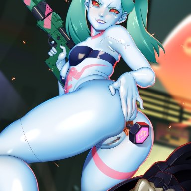 cyberpunk: edgerunners, cyberpunk 2077, adam smasher, rebecca (edgerunners), shiory, 1girls, anal insertion, anus, ass, bottomless, breasts, buttplug, cyborg, female, green eyes