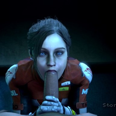 resident evil, resident evil 2, claire redfield, elza walker, stoneddude, big penis, blowjob, blowjob face, blowjob gesture, eye contact, oral, 3d, animated, sound, tagme