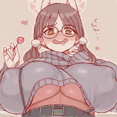 blue archive, moe (blue archive), artist request, 1girls, animal ears, big breasts, big nipples, blush, breasts, busty, cat ears, female, female only, glasses, heart-shaped pupils