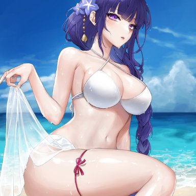 genshin impact, raiden shogun, bikini, blush, long hair, purple eyes, purple hair