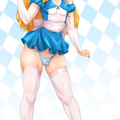 alice in wonderland, alice in wonderland (disney), disney, alice (wonderland), suiren ciao, 1boy, adorable, androgynous, blonde hair, blue eyes, bulge, clothed, collar, cute, dress