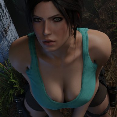 tomb raider, lara croft, red lj, 1girls, black hair, cleavage, female, hands tied, large breasts, looking at viewer, restrained, tied hair, 3d, blender (software)