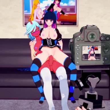 koikatsu, kneesocks daemon, panty anarchy, stocking anarchy, miscsfmporn, blue hair, camera, couch, demon, demon girl, filming, futa on female, futanari, glasses, red skin