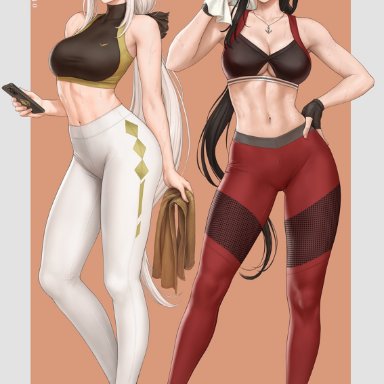 genshin impact, beidou (genshin impact), ningguang (genshin impact), sciamano240, 2girls, abs, belly button, breasts, brown hair, eyepatch, female, female only, fit, fit female, hair over one eye