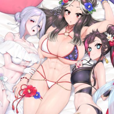 shuumatsu no valkyrie, jack the ripper, tenpura (artist), tenpura (tenpura621), 1girls, 3girls, :o, beach, big ass, big breasts, bikini, breast grab, breasts, brown fur, brown hair