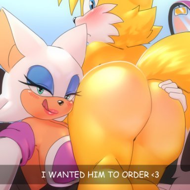 sega, sonic the hedgehog (series), rouge the bat, tails, krazyelf, anthro, ass, black nose, blue eyes, blush, butt focus, canid, canine, chiropteran, clothing