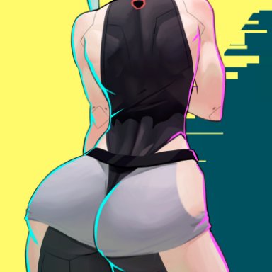 cyberpunk: edgerunners, cyberpunk 2077, lucy (cyberpunk), stopu, 1girls, ass, back view, butt, cybernetics, female, female only, fully clothed, leotard, light skin, short hair