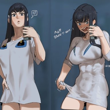 kill la kill, junketsu, kiryuuin satsuki, hong doo, abs, adapted costume, bangs, before and after, black hair, blue eyes, blush, breasts, cellphone, covered abs, covered nipples