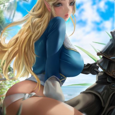 breath of the wild, nintendo, the legend of zelda, princess zelda, zelda (breath of the wild), oscuroii, 1girls, ass, big breasts, blonde hair, blue eyes, blush, blushing profusely, breasts, curvy