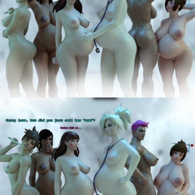 overwatch, d.va, mei (overwatch), mercy, pharah, tracer, zarya, breedingduties, 6girls, communal shower, dark skin, doctor, embarrassed, freudian slip, huge belly