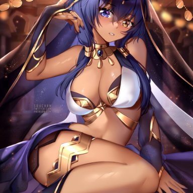 genshin impact, candace (genshin impact), squchan, 1girls, breasts, brown-skinned female, brown skin, dark-skinned female, dark skin, female, gold eyes, heterochromia, hips, huge breasts, looking at viewer