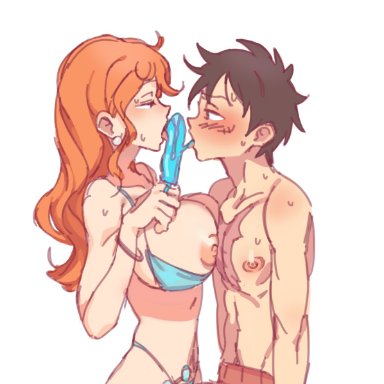 one piece, monkey d luffy, nami, 1boy, 1boy1girl, 1girls, abs, bikini, black hair, blush, blushing boy, blushing male, boner, boob squish, both sexes in same situation