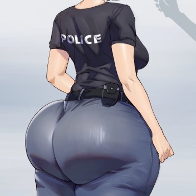 original, bamboo ale, 1girls, ass, back view, big ass, blue jeans, breasts, denim, denim clothing, denim jeans, huge ass, jeans, police officer, police uniform