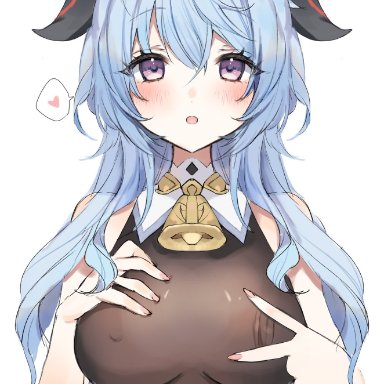 genshin impact, ganyu (genshin impact), artist request, 1girls, blue hair, female, female only, goat horns, horns, light blue hair, nipple bulge, nipples visible through clothing, playing with nipple, tagme (artist)