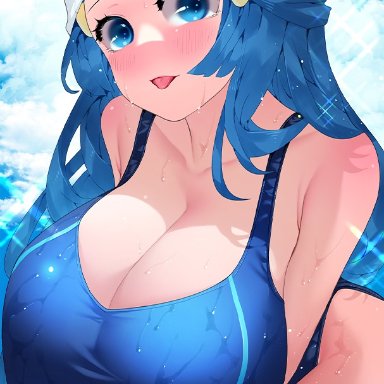 pokemon, dawn (pokemon), sumisumii, 1female, alternate breast size, busty, curvaceous, curvy body, curvy female, curvy figure, erect nipples, latex leotard, looking at viewer, milf, nipple bulge