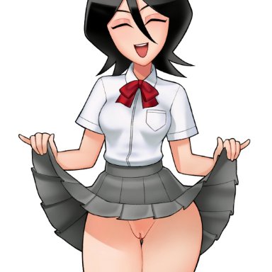 bleach, kuchiki rukia, loodncrood, 1girls, black hair, blush, bottomless, breasts, closed eyes, female, female only, no panties, pussy, school uniform, schoolgirl