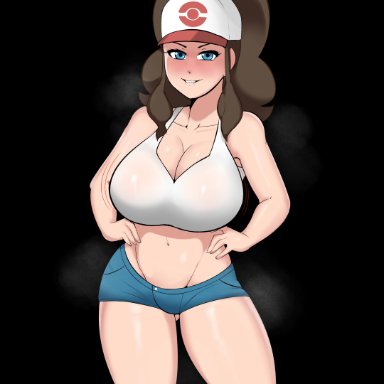 game freak, nintendo, pokemon, pokemon (game), pokemon bw, hilda (pokemon), g3mma, 1girls, big breasts, black background, blue eyes, blush, breasts, busty, cleavage