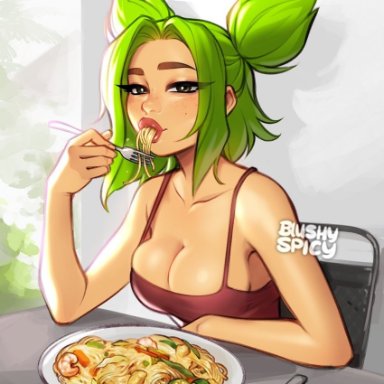 league of legends, zeri (league of legends), blushypixy, eating, green hair, spaghetti