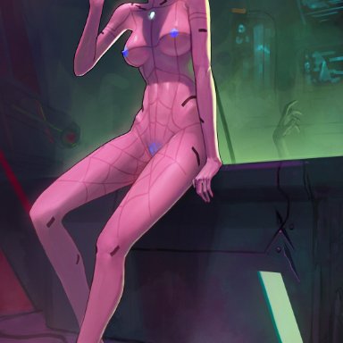 cyberpunk: edgerunners, cyberpunk 2077, kiwi (cyberpunk), cool4noodle, 1girls, blonde hair, blue nipples, bob cut, breasts, cigarette, colored nipples, completely nude, cybernetics, cyborg, female