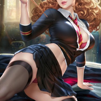 harry potter, hermione granger, neoartcore, nudtawut thongmai, ass, kneeling, large breasts, long sleeves, looking at viewer, magic wand, midriff showing, open shirt, red bra, red hair, school uniform