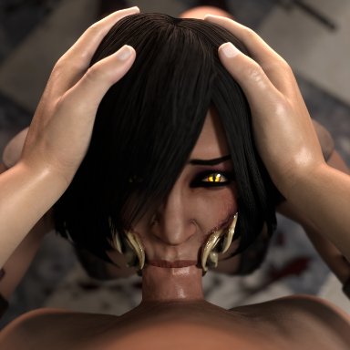 mortal kombat, mortal kombat x, mileena, arawaraw, all the way to the base, blowjob, breasts, cleavage, deepthroat, dubious consent, edenian, eyeshadow, fellatio, femsub, hair over one eye