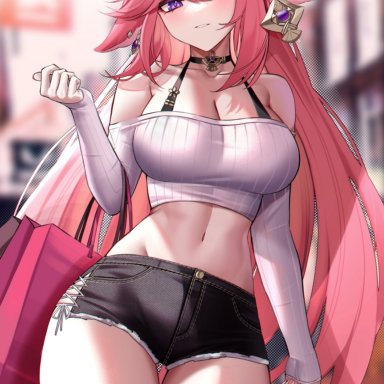 genshin impact, yae miko, eternity (shadeh), 1girls, booty shorts, breasts, casual clothes, crop top, ear piercing, female, female only, fox ears, fox girl, jean shorts, kitsune