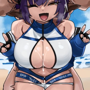 arknights, doctor (arknights), sideroca (arknights), zanamaoria, 1boy, 1girls, beach, breasts, cow ears, cow girl, cow horns, cum, cum between breasts, female, female penetrated