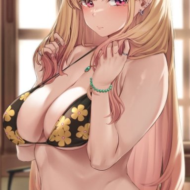 sono bisque doll wa koi wo suru, kitagawa marin, moisture (chichi), 1female, big breasts, black thong, blonde hair, bulging breasts, ear piercing, earring, gyaru, long hair, looking at viewer, red eyes, seductive eyes