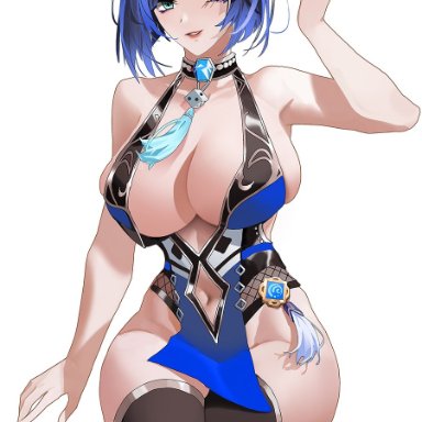 genshin impact, yelan (genshin impact), ashui ku, 1girls, arm up, armpit, arms up, belly button, big breasts, blue eyes, blue hair, bob cut, breasts, busty, chair