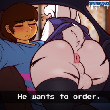 undertale, undertale (series), asriel dreemurr, asriel dreemurr (god form), frisk (undertale), spunkubus, ambiguous gender, anthro, anus, ass, backsack, balls, blush, bovid, butt focus