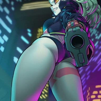 cyberpunk: edgerunners, cyberpunk 2077, rebecca (edgerunners), artificial eye, ass, black bra, black panties, blue bra, bra, breasts, city, colored sclera, colored skin, cyberpunk, dual wielding