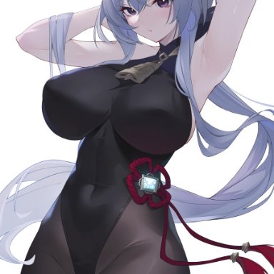 genshin impact, ganyu (genshin impact), kanekoej, 1girls, arm up, armpit, armpits, big breasts, blue hair, breasts, busty, child bearing hips, curvaceous, curves, curvy