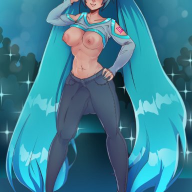 vocaloid, hatsune miku, nivelli, 1futa, abs, areolae, balls, big balls, big breasts, big penis, blue eyes, blue hair, breasts, breasts out, clothed